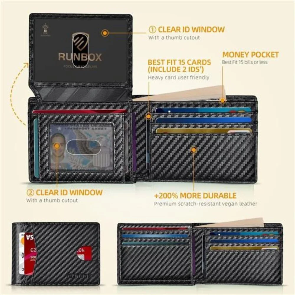 Rfid Wallet for Men Slim Leather 2 ID Window With Gift Box Carbon Black
